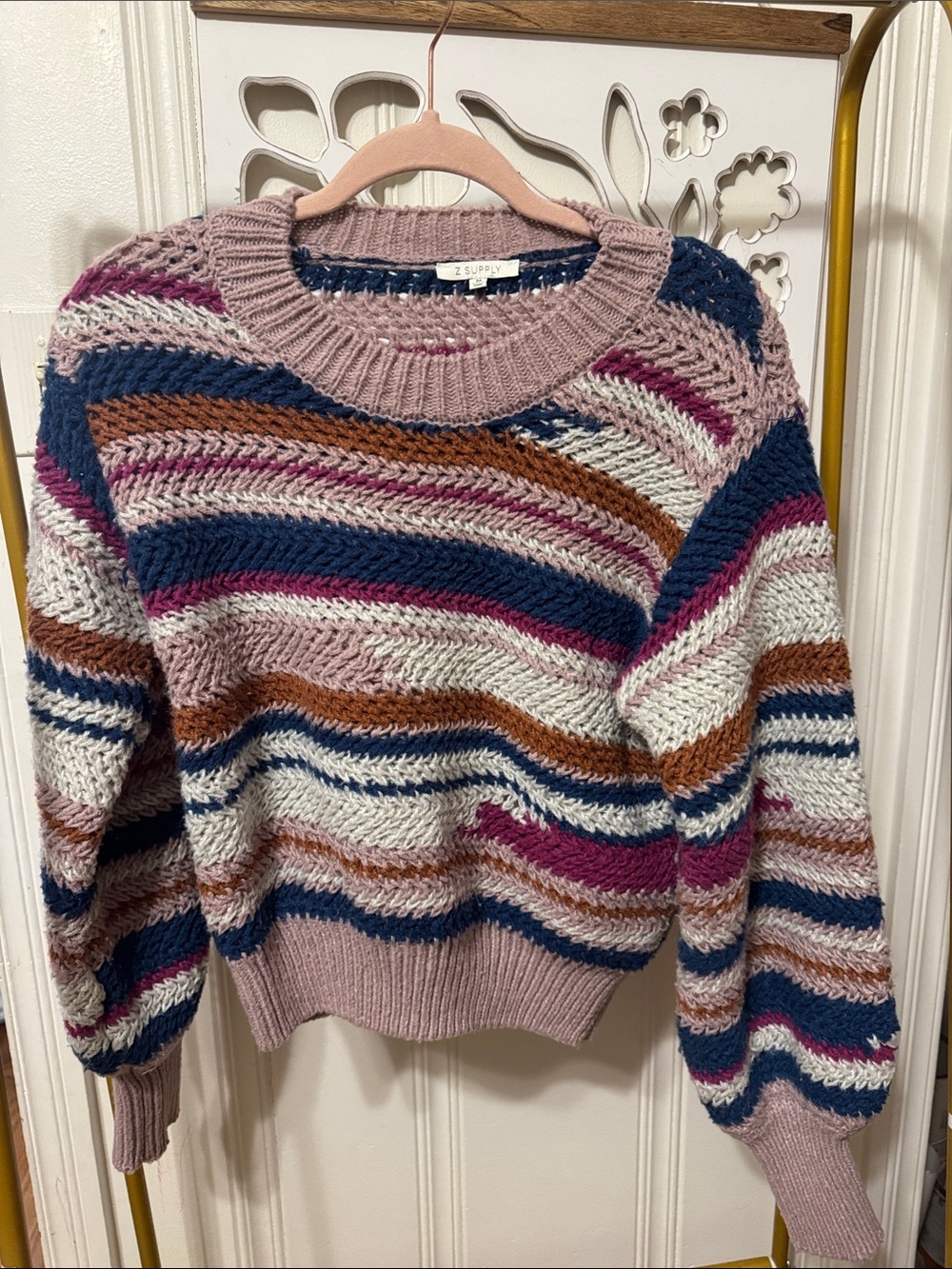 Z Supply Multicolor Striped Crewneck Sweater in Dusty Pink, Navy & Brown